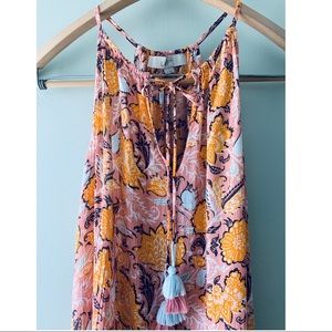 LOFT breezy Hawaiian print halter top w/ tassels
